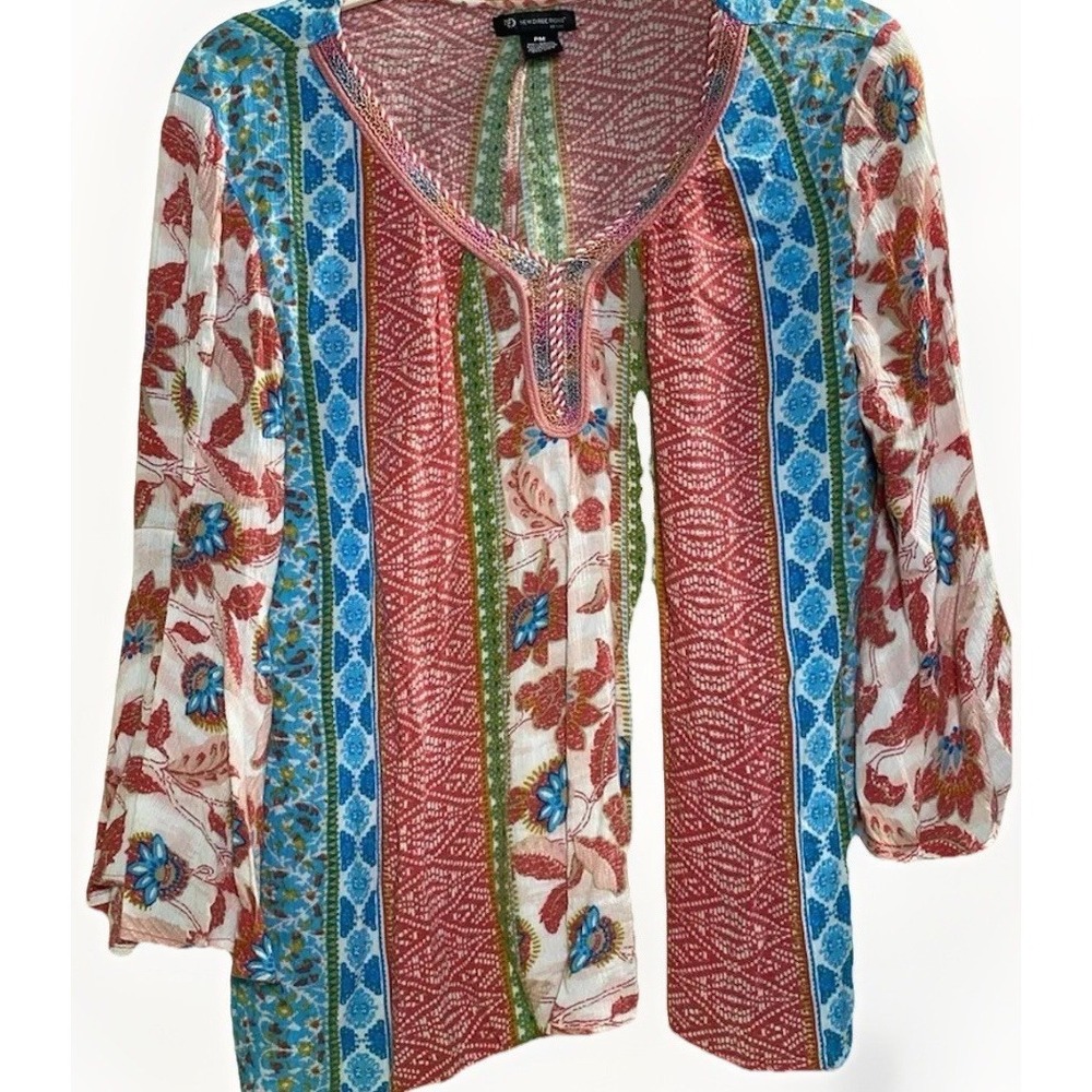 New Directions Shirt Women M P Long Bell Sleeve Embroidery Neck Bohemian Floral